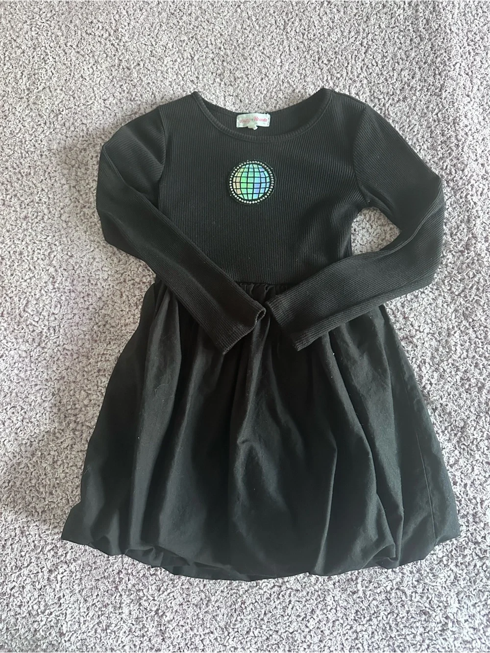 Black Long-Sleeve Girls Casual Dress with Iridescent Globe Patch